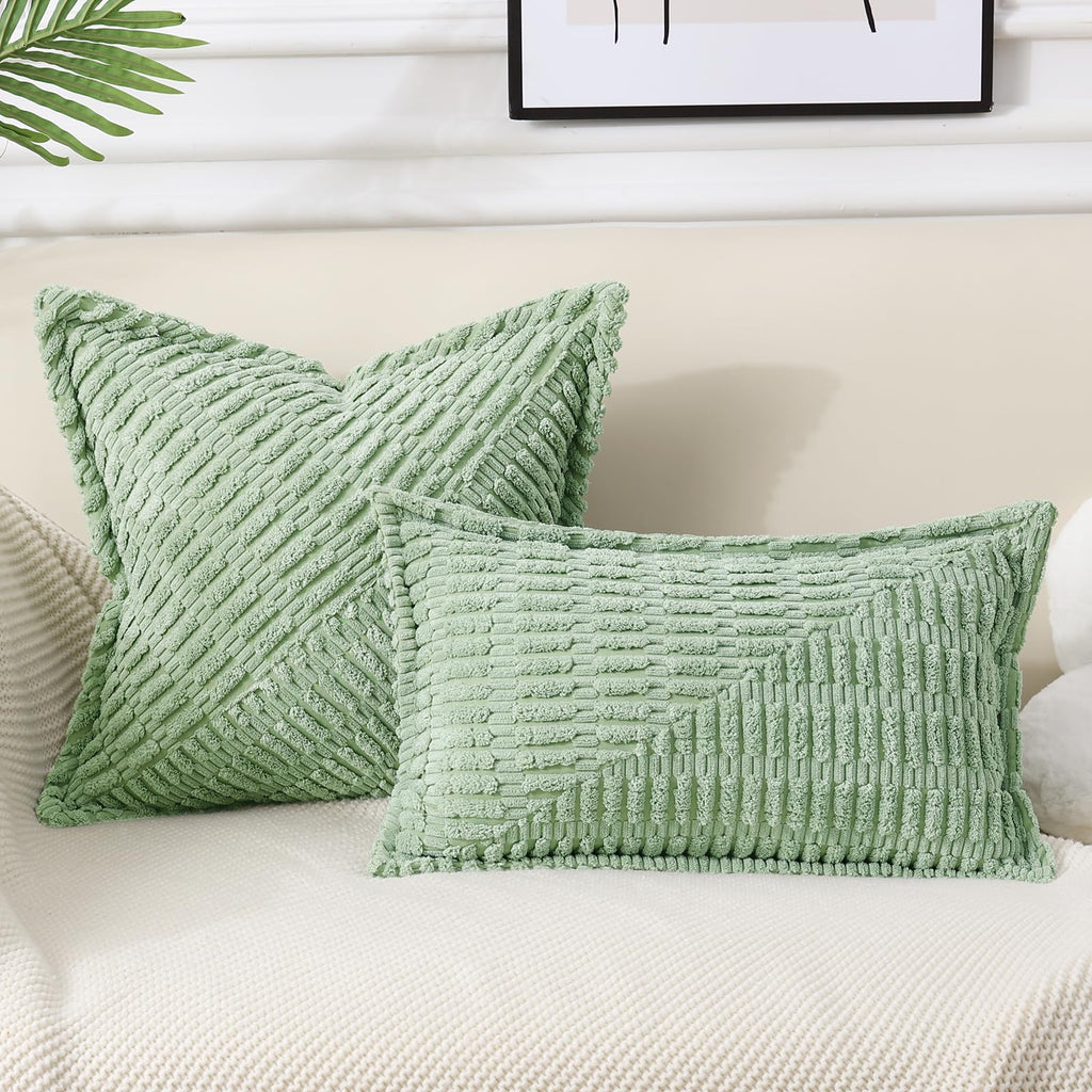 Decoruhome Decorative Spring Sage Green Throw Pillow Covers 12X20 Set Of 2 With Splicing, Boho Lumbar Soft Corduroy Broadside Tw