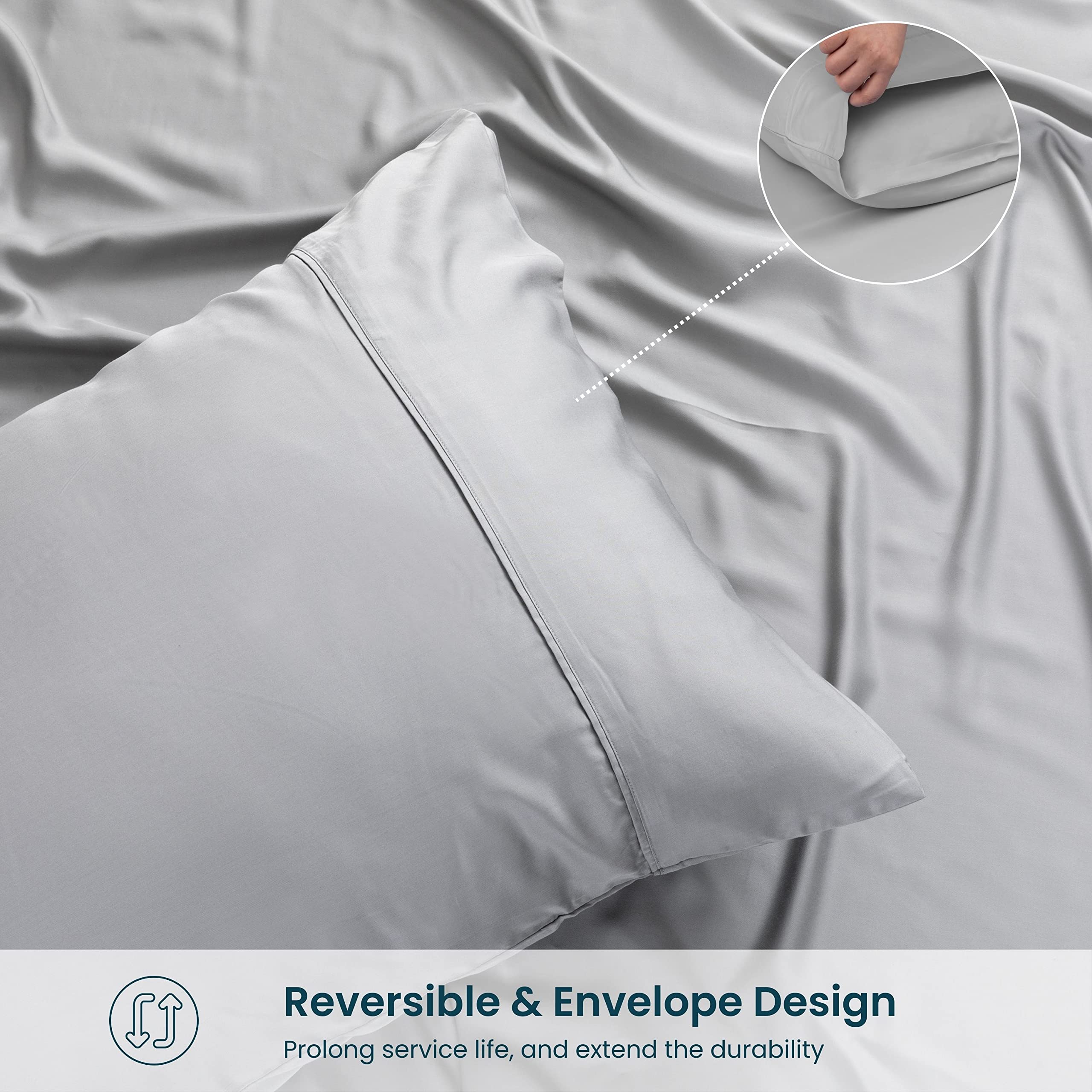 Gokotta Bamboo Rayon Fitted Sheet And Pillow Cases, Super Soft Cooling Fitted Sheet With 4 Elastic Corner Straps - 16'' Pocket F