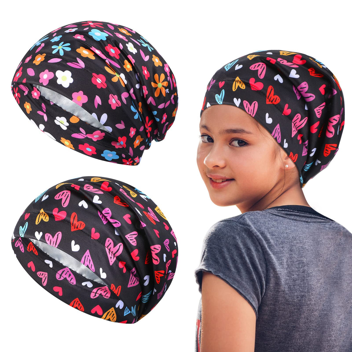 Tatuo 2 Pcs Satin Lined Hair Bonnet for Sleeping Kids Gift for Sleep Cap Head Scarf Curly Hair with Elastic Band(Cute Pattern) M