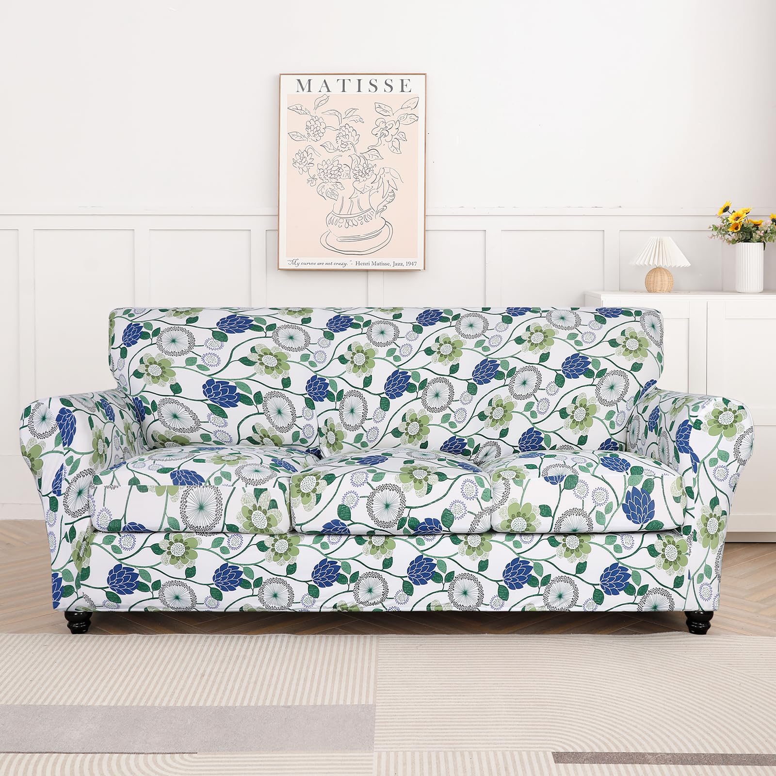 Searchi Stretch Sofa Cover Printed Couch Cover, Floral Pattern 4 Pieces Sofa Slipcover With 3 Separate Cushion Cover, Washable Furniture Protector For Living Room(Sofa, Green Flowers)