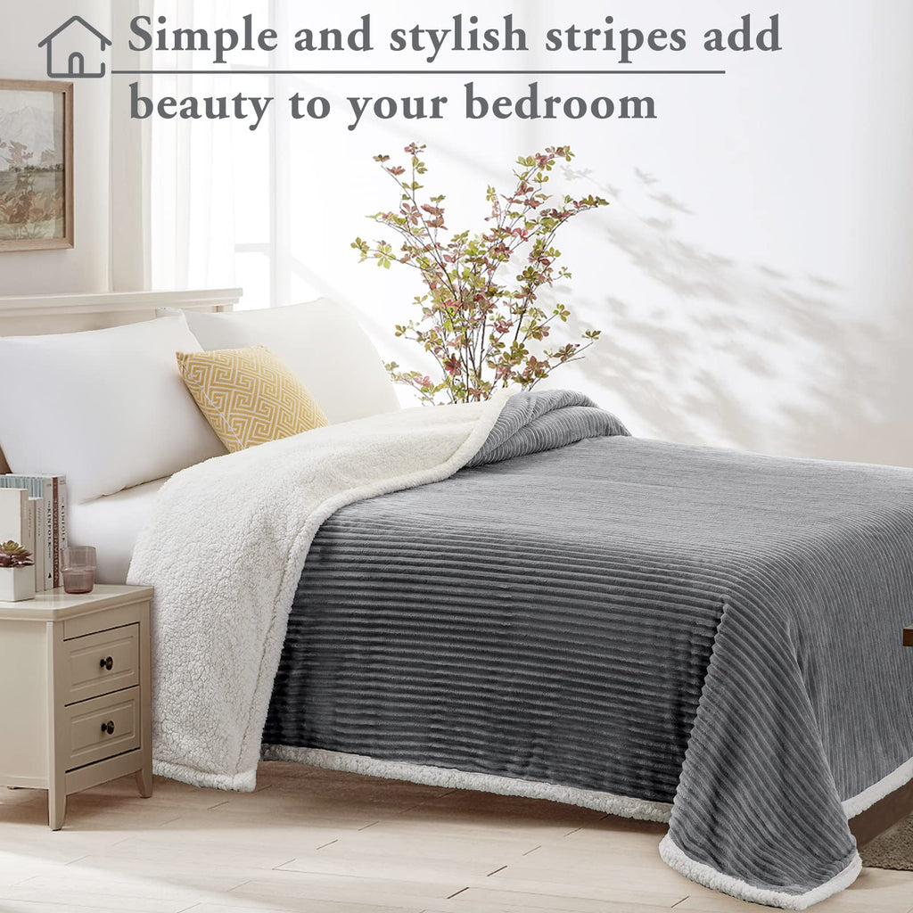 Lbro2M Striped Sherpa Fleece Bed Blanket Twin Size, Super Soft Fuzzy Plush Warm Cozy Fluffy Microfiber Couch Throw Velvet Double Reversible Luxurious Blankets (65X90),Grey