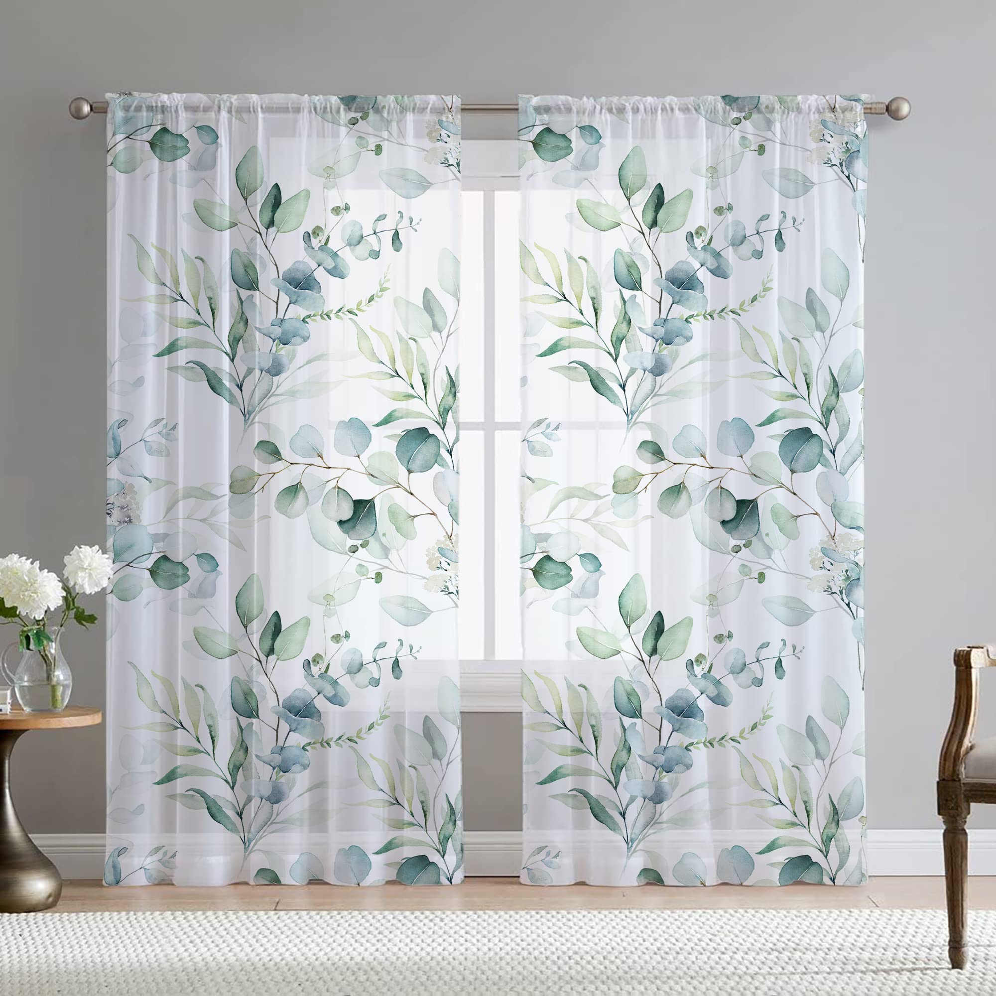 Fereyis Green Eucalyptus Leaves Curtains For Living Room 84 Inch Length 2 Panels Set Elegant Floral Plant Spring Printed Window
