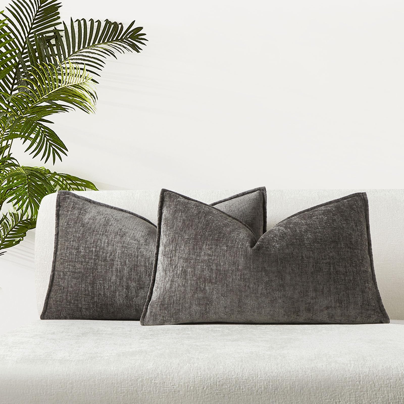 Juspurbet Dark Grey Chenille Lumbar Throw Pillow Covers 12X20 Inch Set Of 2 Decorative Soft Textured Cushion Cases For Living Ro