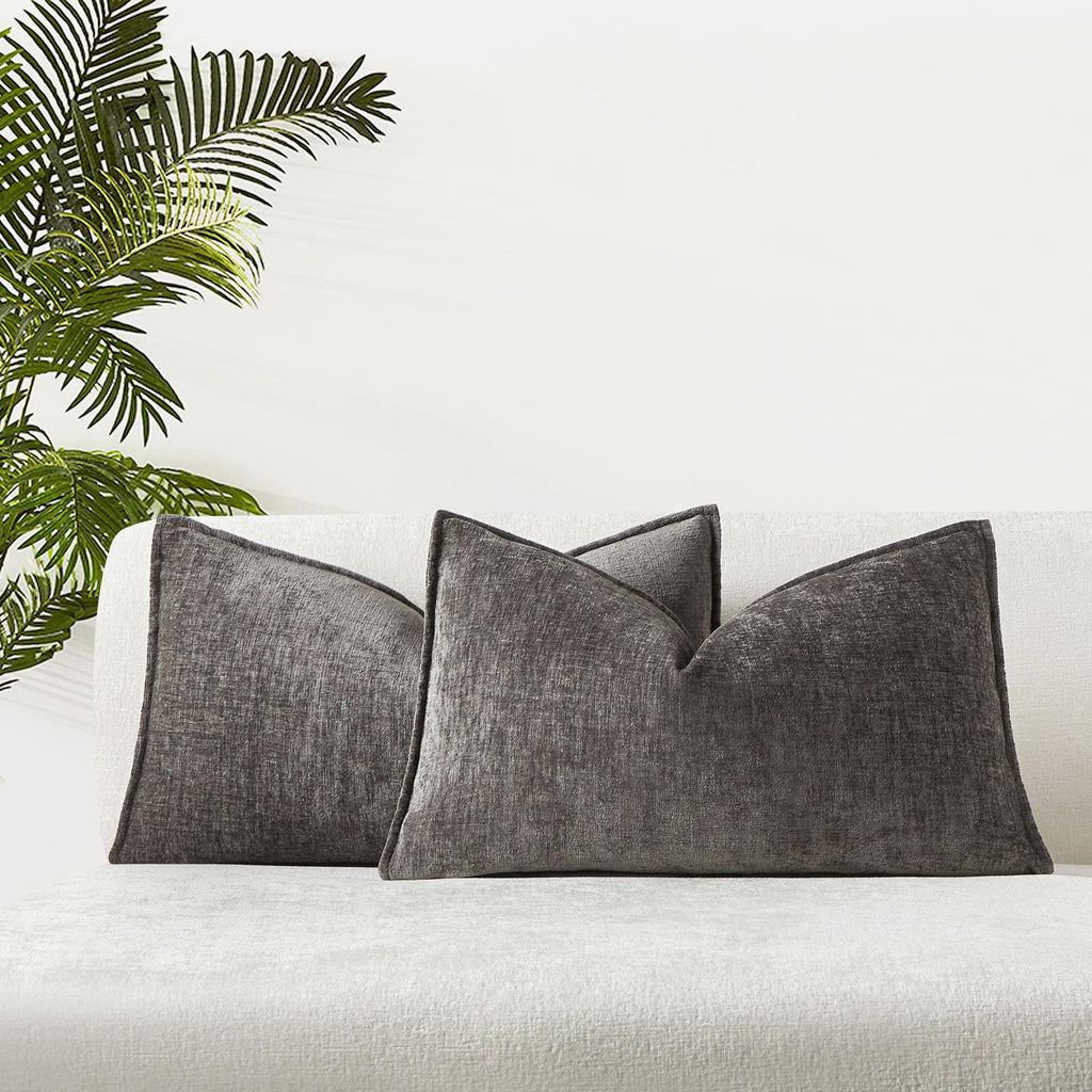 JUSPURBET Set of 2 Dark Grey Chenille Lumbar Throw Pillow Covers 16x24 Inch Soft Textured Decorative Cushion Cases for Couch Sof