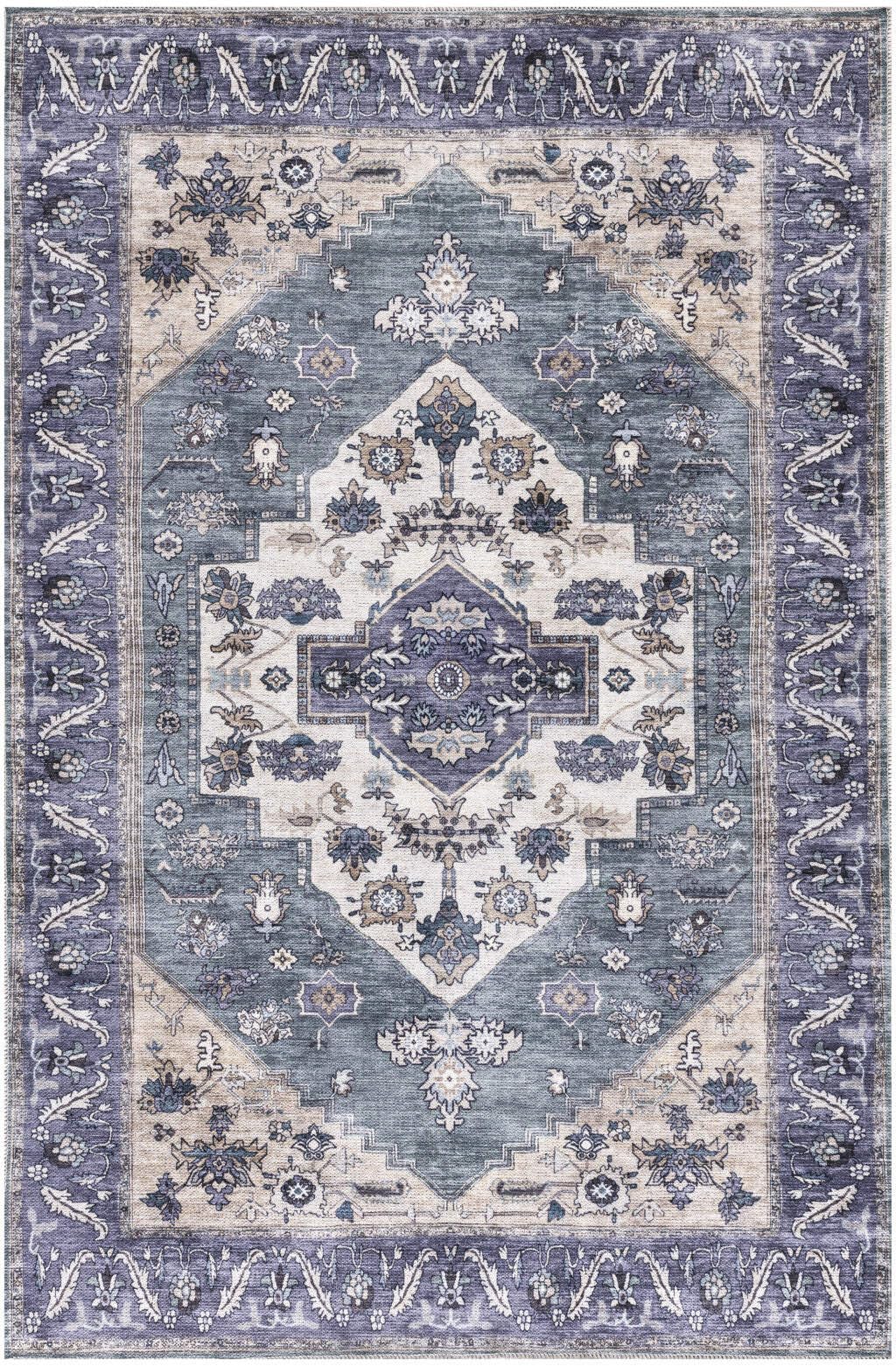 HomeRoots 533290 4 x 6 ft. Blue & Beige Oriental Power Loom Distressed Washable Non Skid Rectangle Area Rug