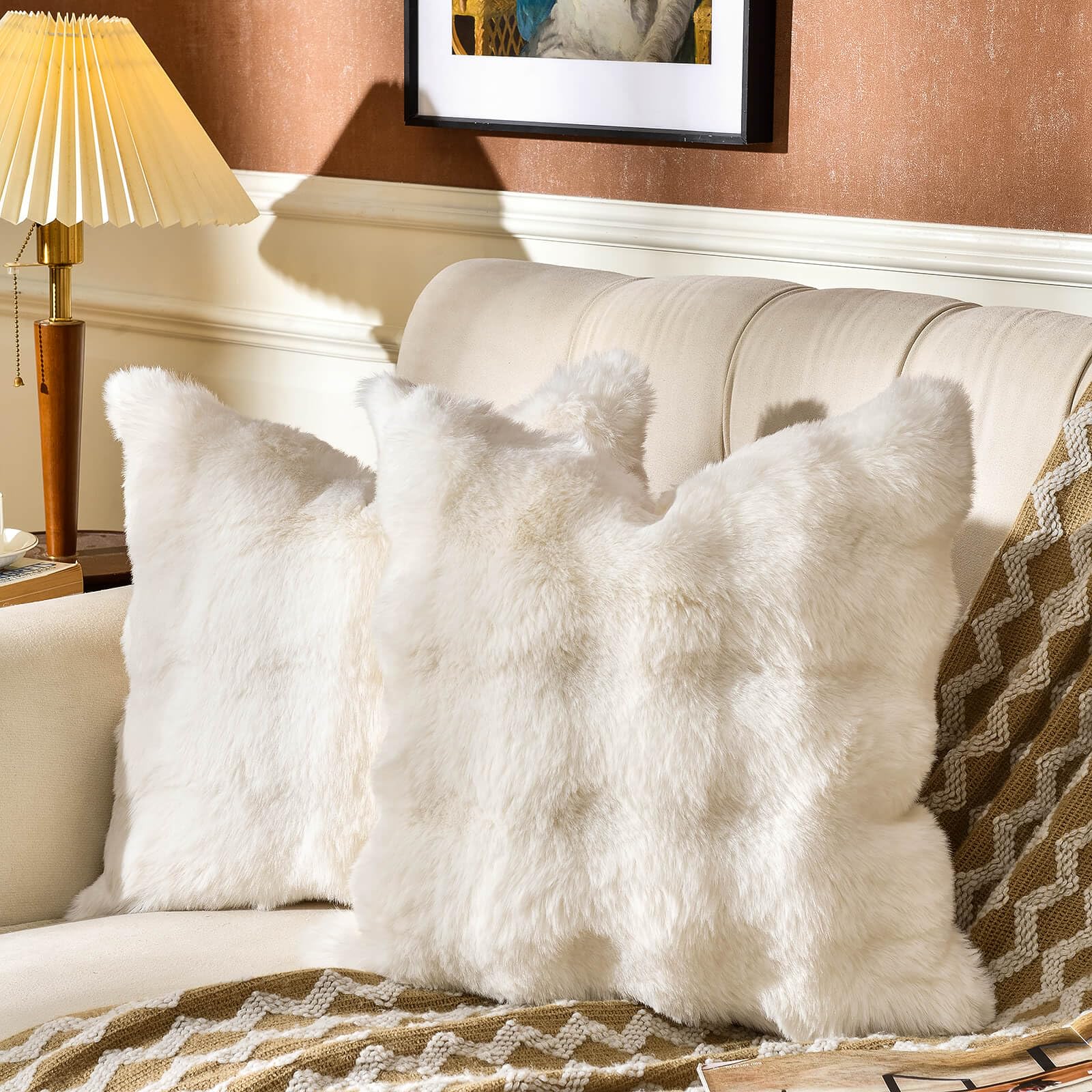 Amhoo Pack Of 2 Throw Pillow Covers 3D Dense Faux Rabbit Fur Cozy Super Soft Fuzzy Set Case Cushion For Couch Sofa Bedroom 22 X