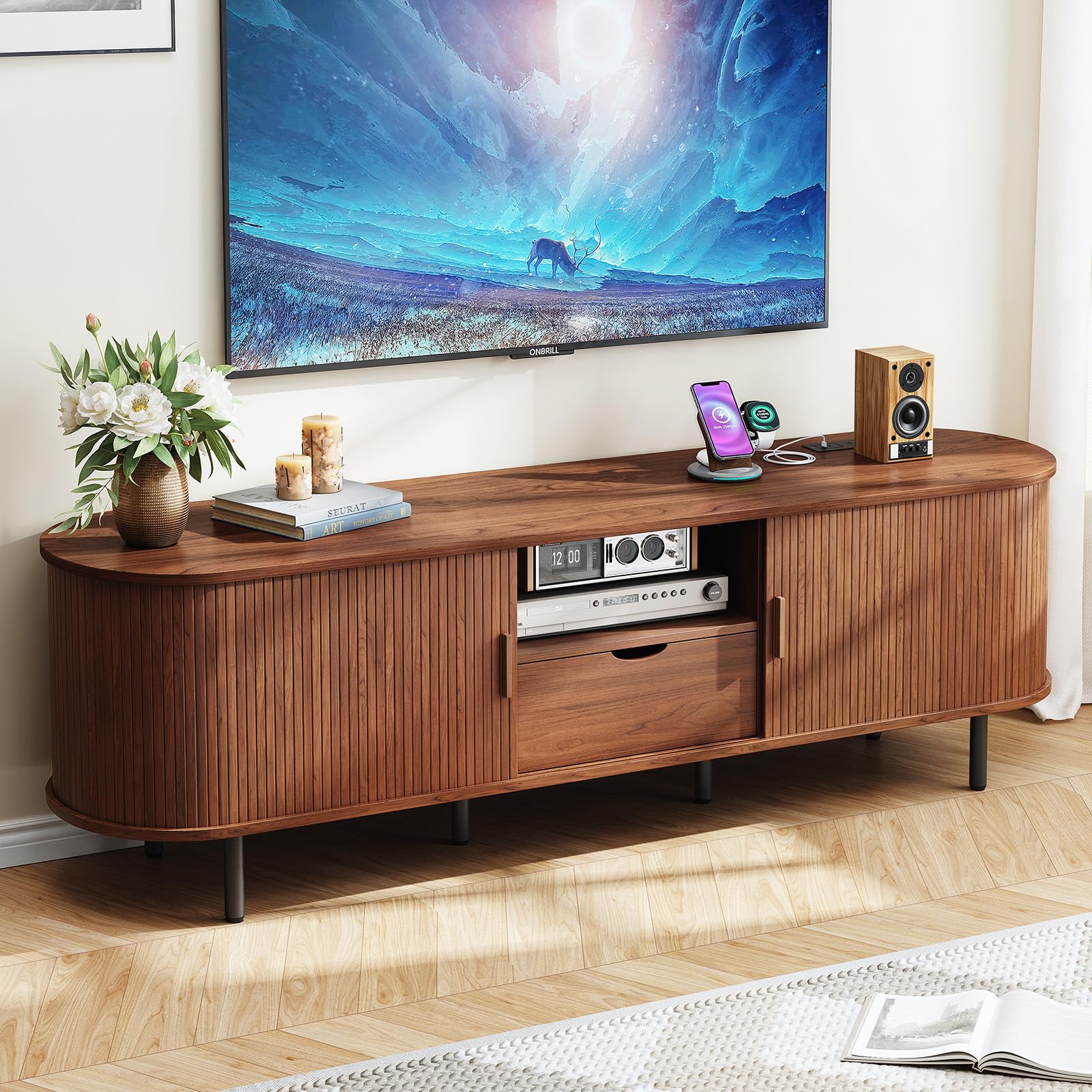 ONBRILL 69  TV Stand with Power Outlet for TVs up to 80 , Entertainment Center with Storage and Drawer, TV Console with Adjustab
