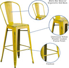 Commercial Grade 30 High Distressed Yellow Metal Indoor-Outdoor Barstool with Back