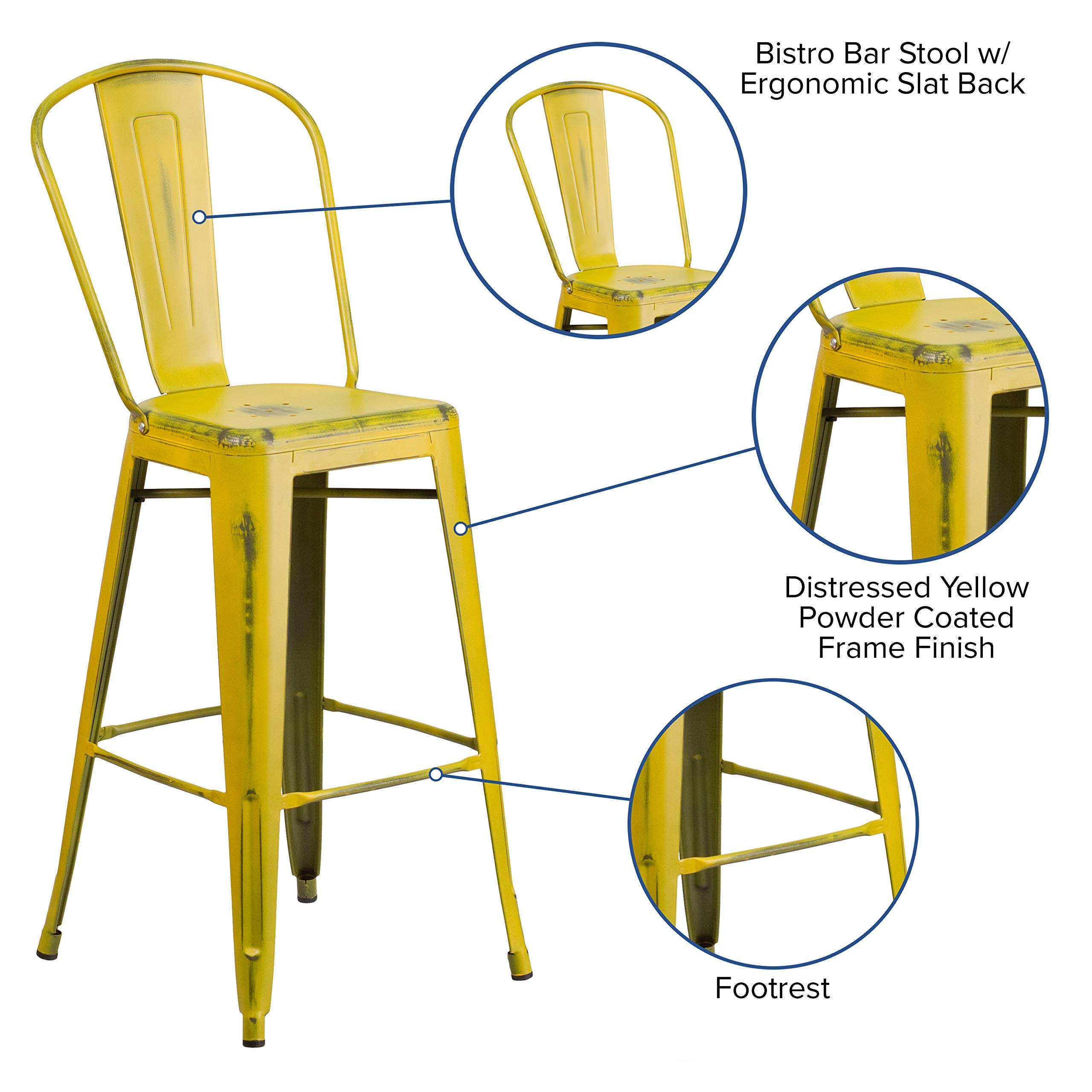 Flash Furniture Commercial Grade 30' High Distressed Yellow Metal Indoor-Outdoor Barstool With Back
