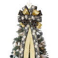 Choies Christmas Tree Topper Bow,53x13 Inches Large Christmas Bow with Glitter Streamer and Patterned Ribbon,Black and Gold Tree