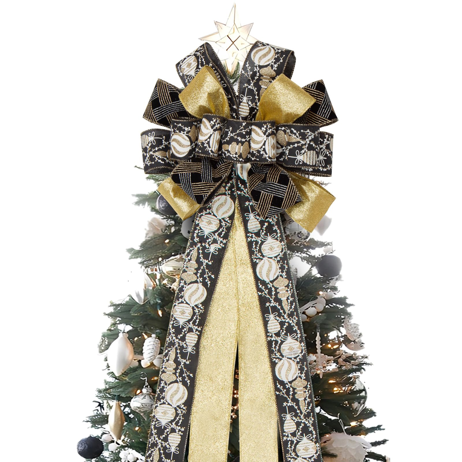 Choies Christmas Tree Topper Bow,53x13 Inches Large Christmas Bow with Glitter Streamer and Patterned Ribbon,Black and Gold Tree