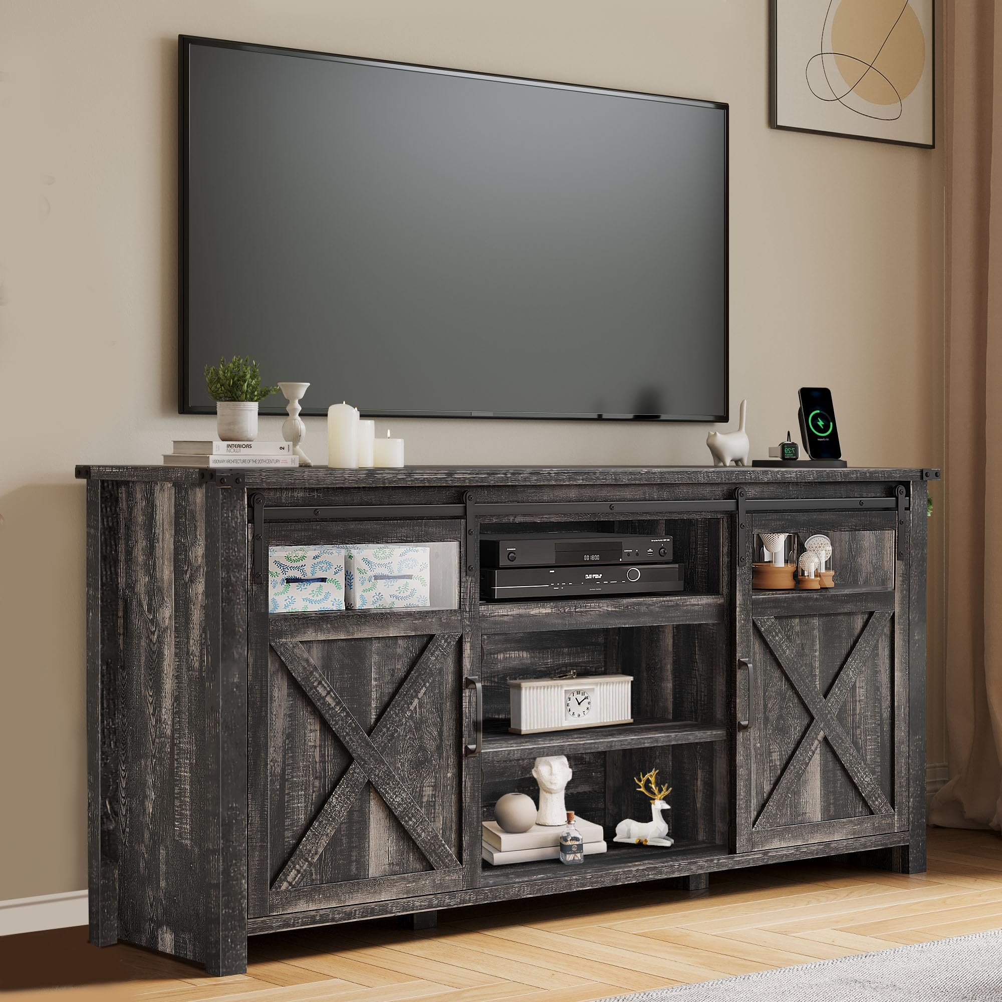 YITAHOME Farmhouse TV Stands for 75 Inch TV with Power Outlets, Entertainment Center with Sliding Barn Doors and Adjustable Shel