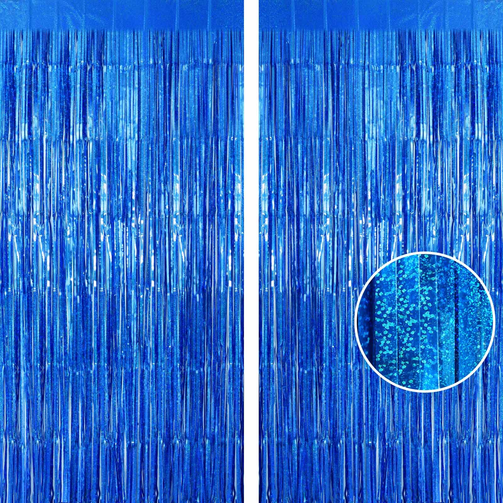 AIQINHU Blue Tinsel Foil Fringe Curtain Backdrop, 3.3 x 8.2 ft Metallic Glitter Curtain Streamers, 2 Pack Royal Blue Photoboth f