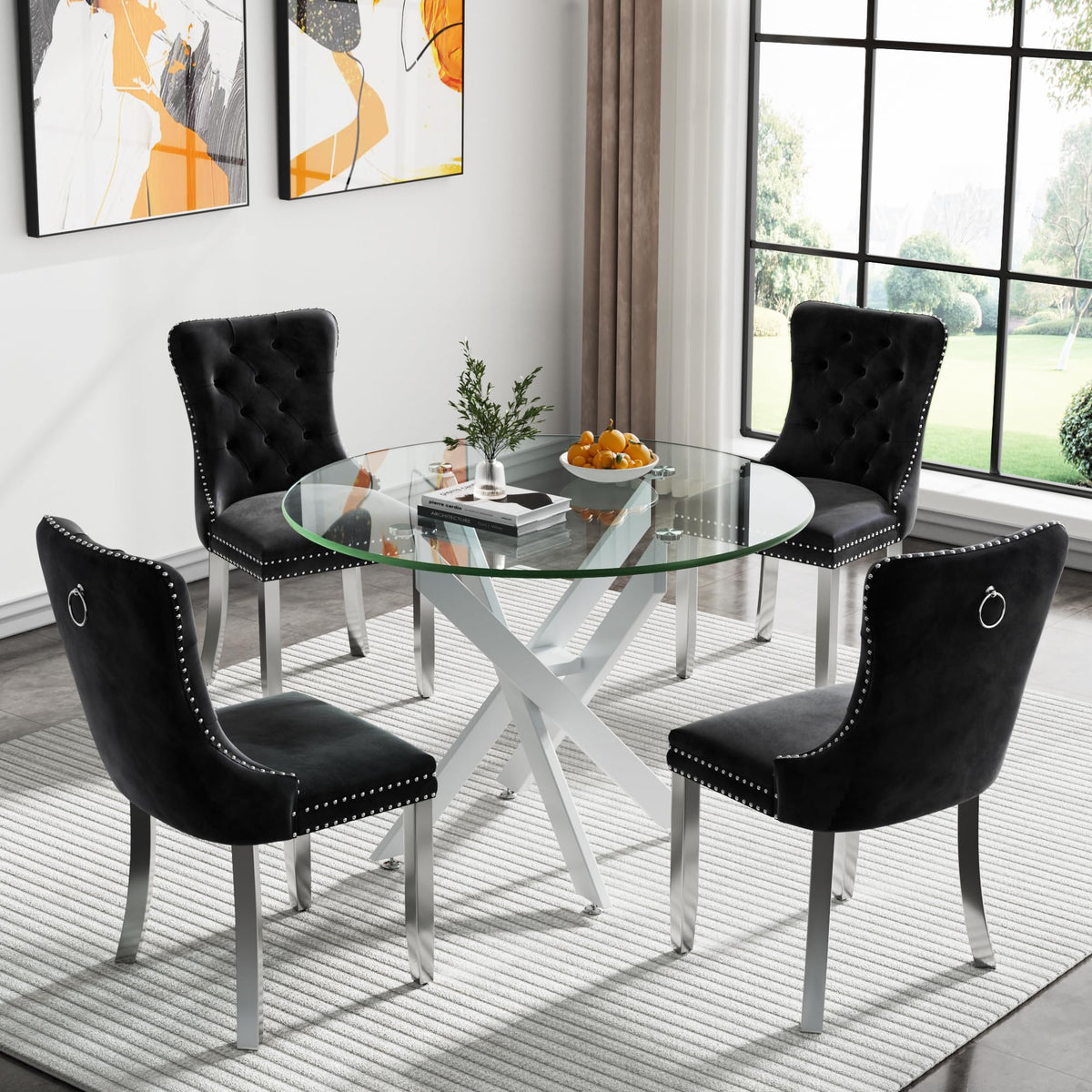 Kuvadaz 36' Modern White Glass Dining Room Table Set For 4, 5-Piece Round Kitchen Dining Table Set With Cross Metal Legs And 4