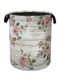 Pink Roses Laundry Basket,Foldable Oxford Cloth Vintage Wooden Board Laundry Hamper with Handles, 20.8x16 Tote Bag Clothes Sto