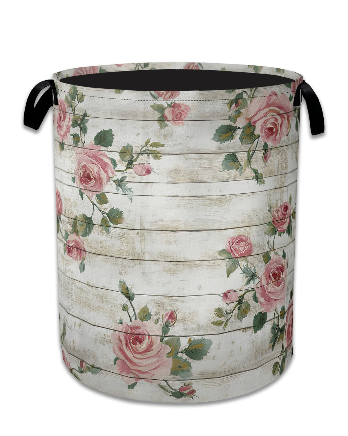 Pink Roses Laundry Basket,Foldable Oxford Cloth Vintage Wooden Board Laundry Hamper with Handles, 20.8x16 Tote Bag Clothes Sto