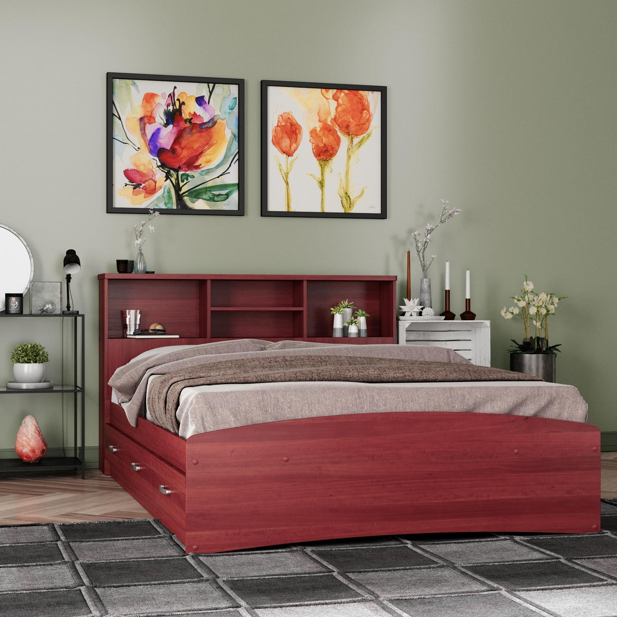 Bed with 3 Drawers and Bookcase Headboard (Mahogany, Full)