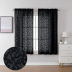 Lecloud Leia 2 Panels Sheer Black Curtains For Living Room 54 Inch Length, Light Reducing Jacquard Textured Leaf Voile Bedroom C