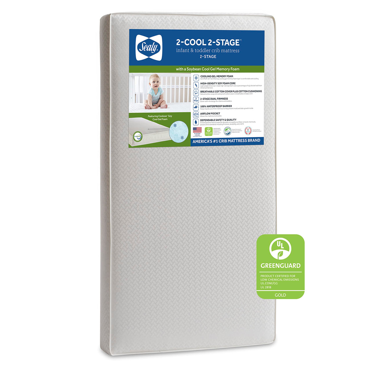 Sealy Baby 2 Cool 2 Stage Waterproof Crib Mattress Plus Toddler Bed Fit, Premium Extra Firm Cooling Foam, Non Toxic, Greenguard