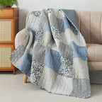 Sweet Dreams 50' X 60' Cotton Quilted Throw Blanket, Blue And Gray Cottage Throw Quilt For Couch, Lightweight Pieced Patchwork
