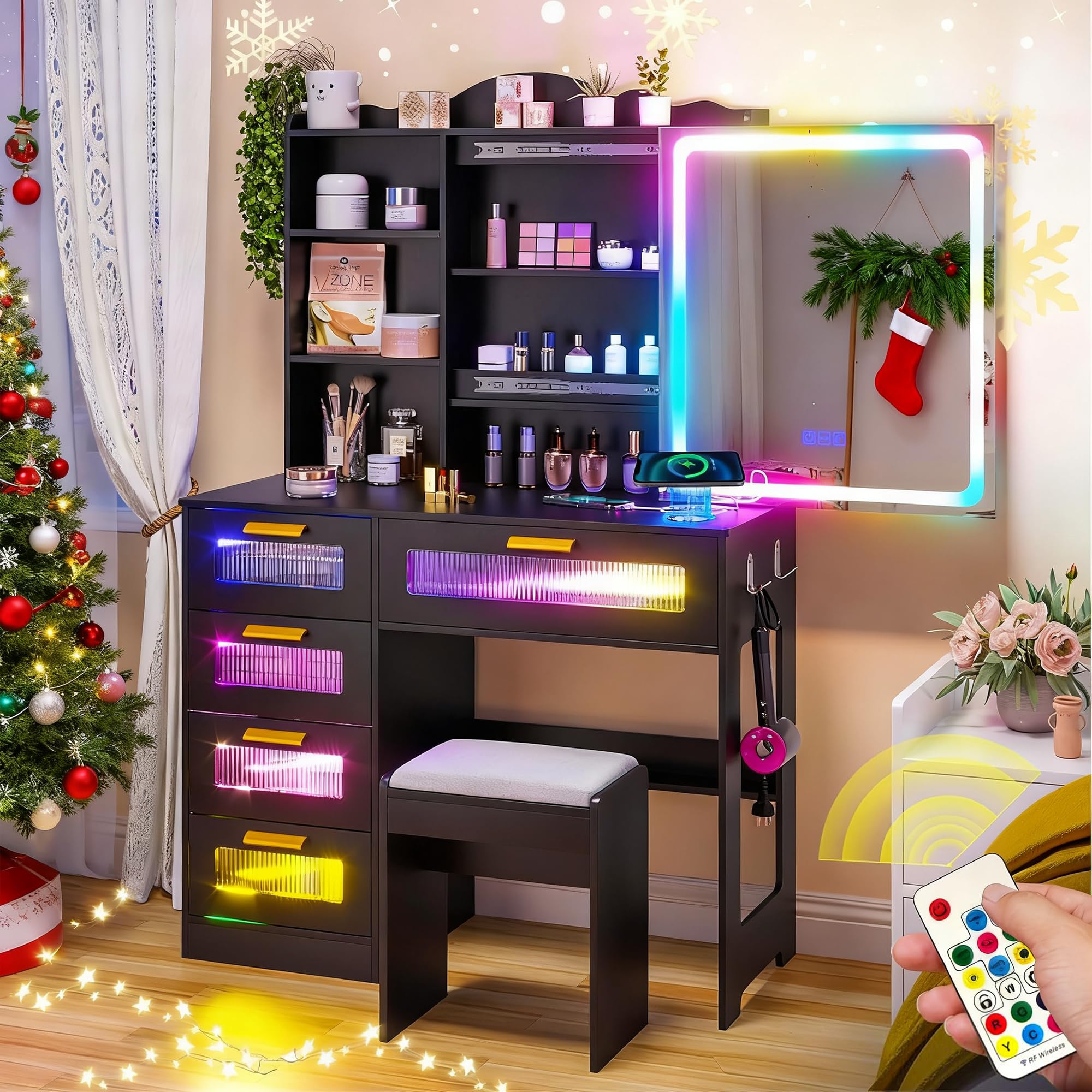 FOMNEY Vanity Desk with Mirror and Lights, RGB LED Makeup Vanity Desk with Charging Station, Vanity Table with Stools&Sliding Mi