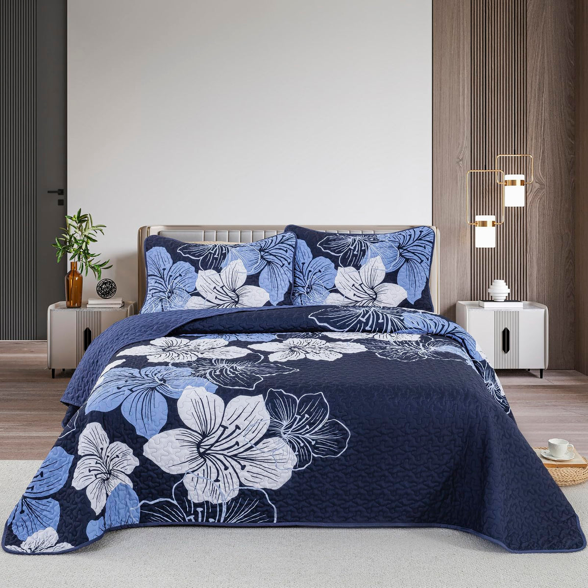 Djy 3 Pieces Quilt Set King Navy Blue Floral Pattern Quilt Coverlet Set Gorgeous Boho Bedspread With 2 Pillow Cases Cozy Microfi