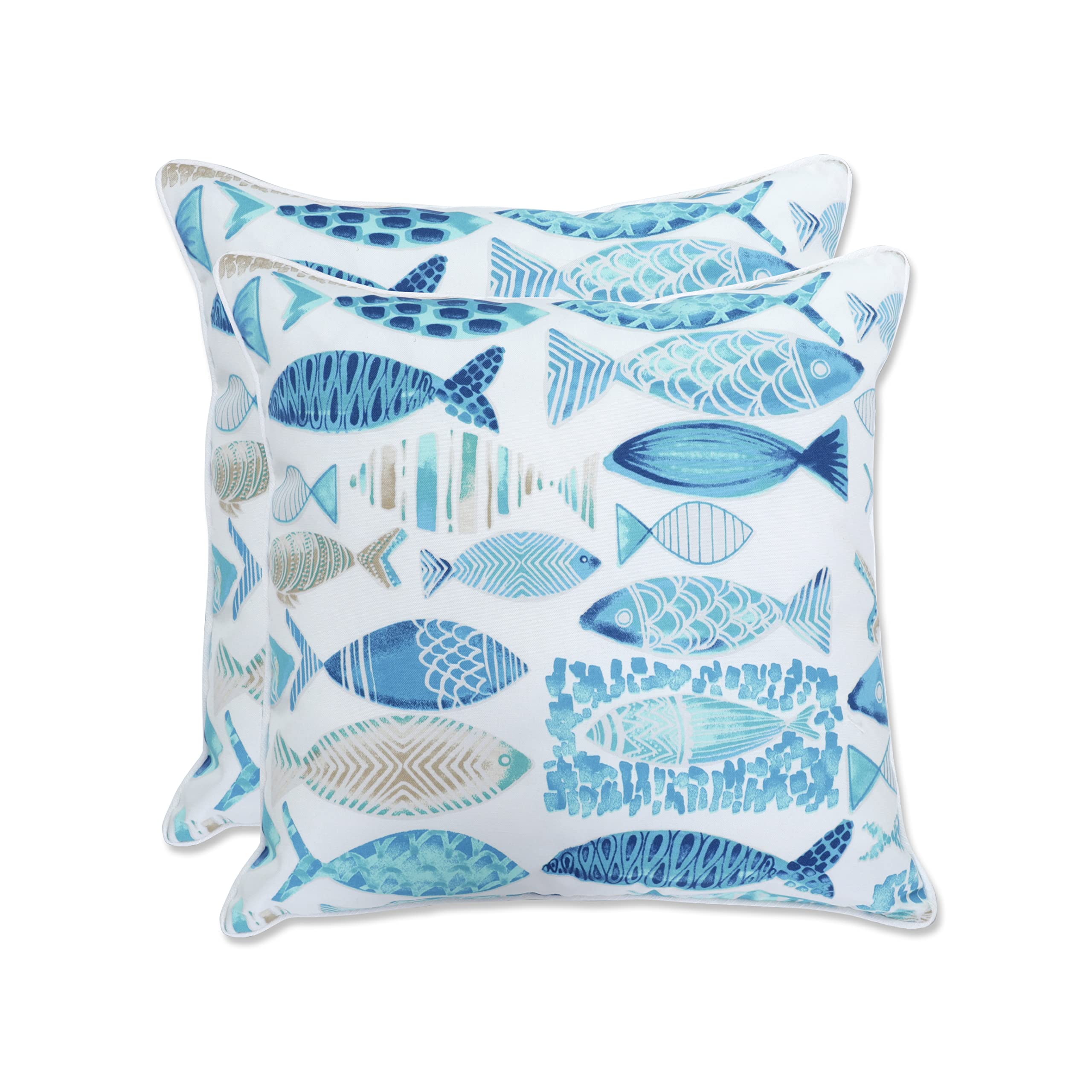 Pillow Perfect Outdoor/Indoor Throw Pillows, Large - 18.5' X 18.5', Blue Hooked Seaside 2 Count