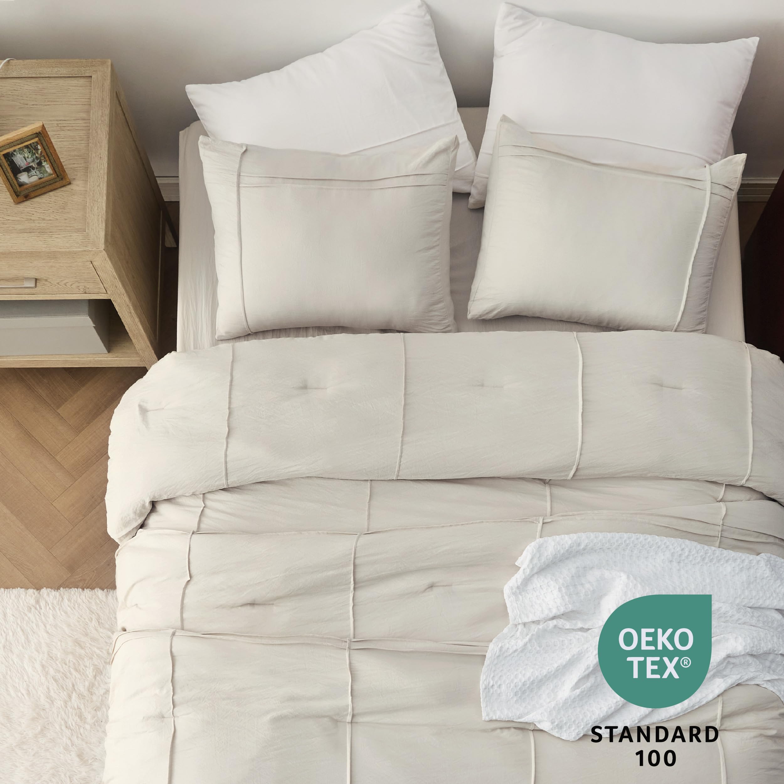 Bedsure Full Comforter Set With Sheet - 4 Pieces Soft Beige Bedding Sets, Grid Pinch Pleat, All Season Lightweight Fluffy Bed Set With Solid Boho Comforter, Pillowcases & Sheet