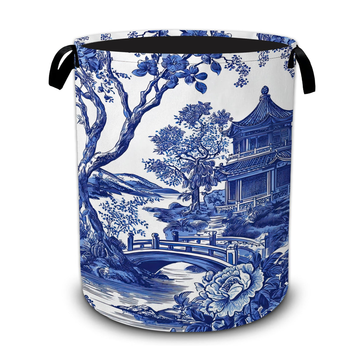 Blue and White Porcelain Laundry Basket,Chinoiserie Funny Foldable Oxford Laundry Hamper with Handles,Collapsible Clothes Storag