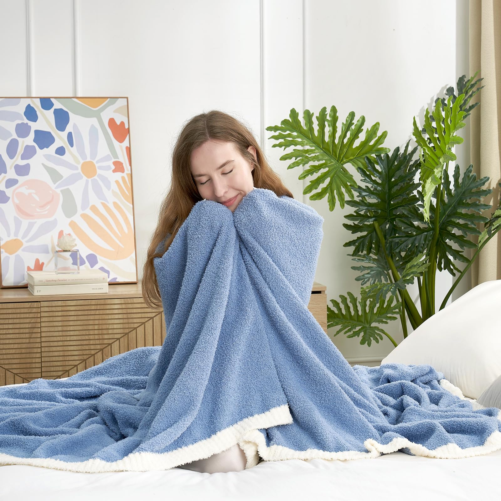 Snuggle Sac Blue Throw Blanket For Couch Bed Sofa 60X80 Inches, Reversible Blue Blanket Microfiber Fluffy Fuzzy Cozy Knit Twin B