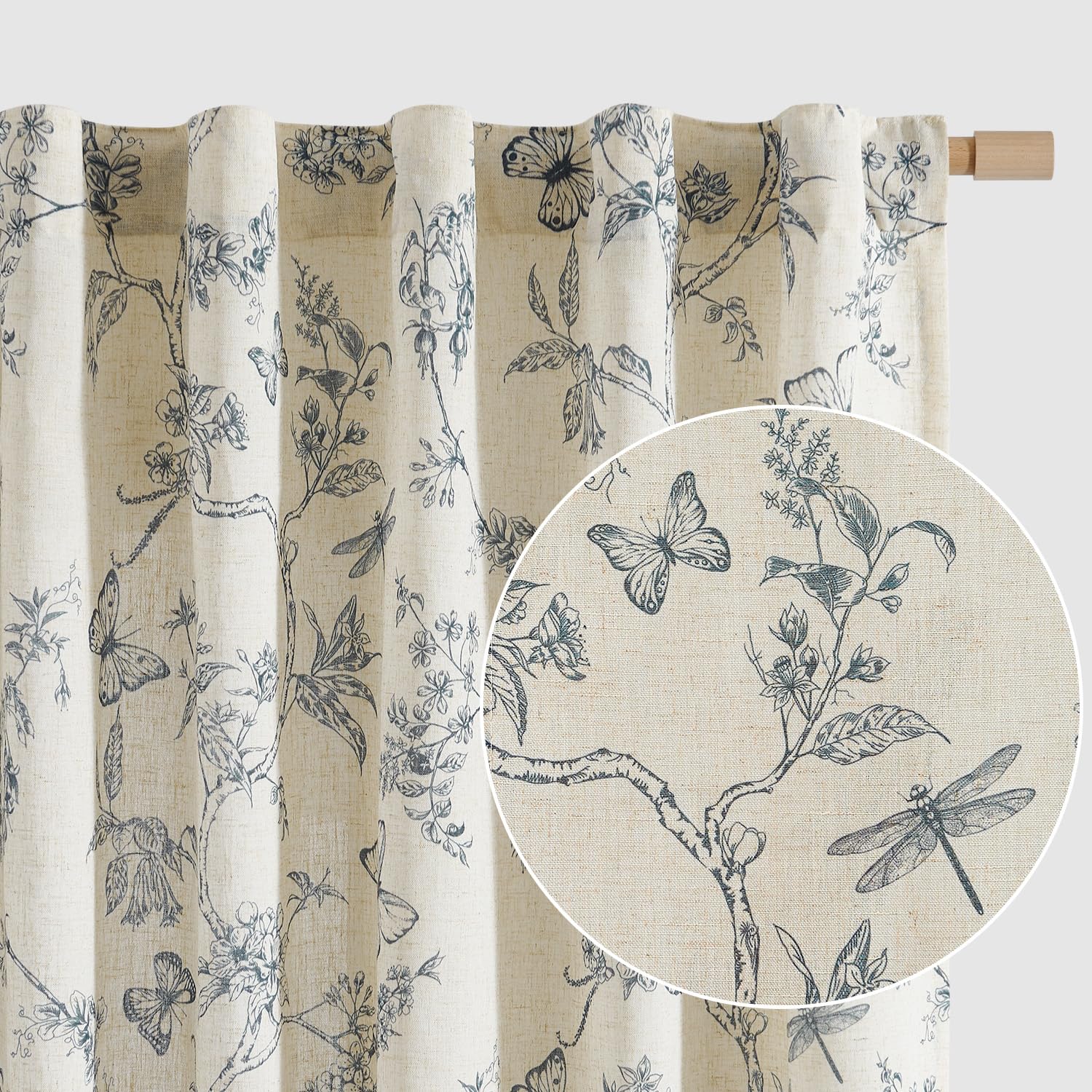 Lazzzy Farmhouse Linen Curtains Blue Floral Curtains 108 Inch Length Back Tab Drapes for Living Room Bedroom Light Filtering Cou