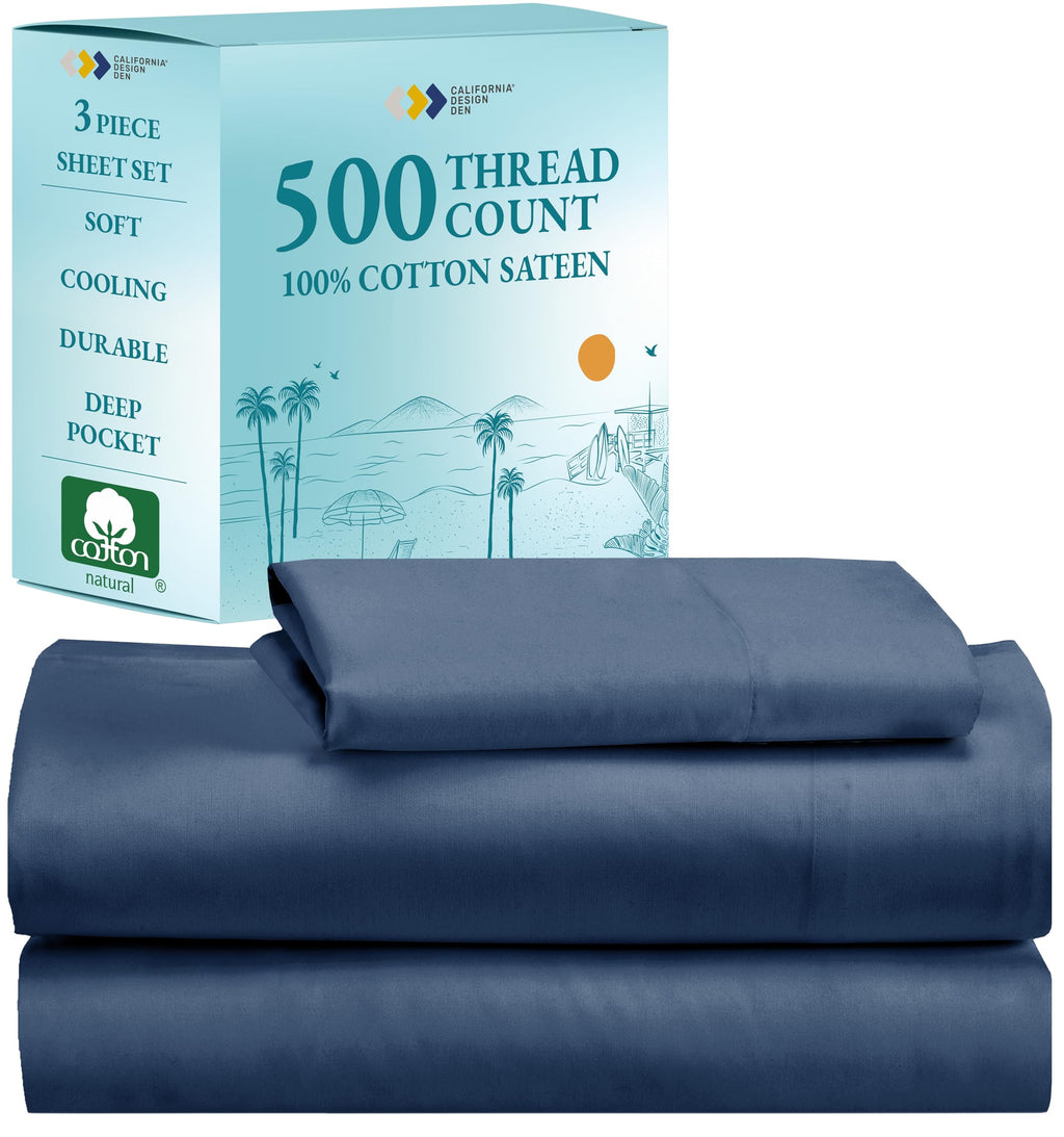 California Design Den - Finest Luxury Twin Size Sheets Set, Soft 100% Cotton Cooling Sheets Deep Pockets, 500 Thread Count Bedsheet Set, Twin Sheets Set (Fresh Navy Blue)