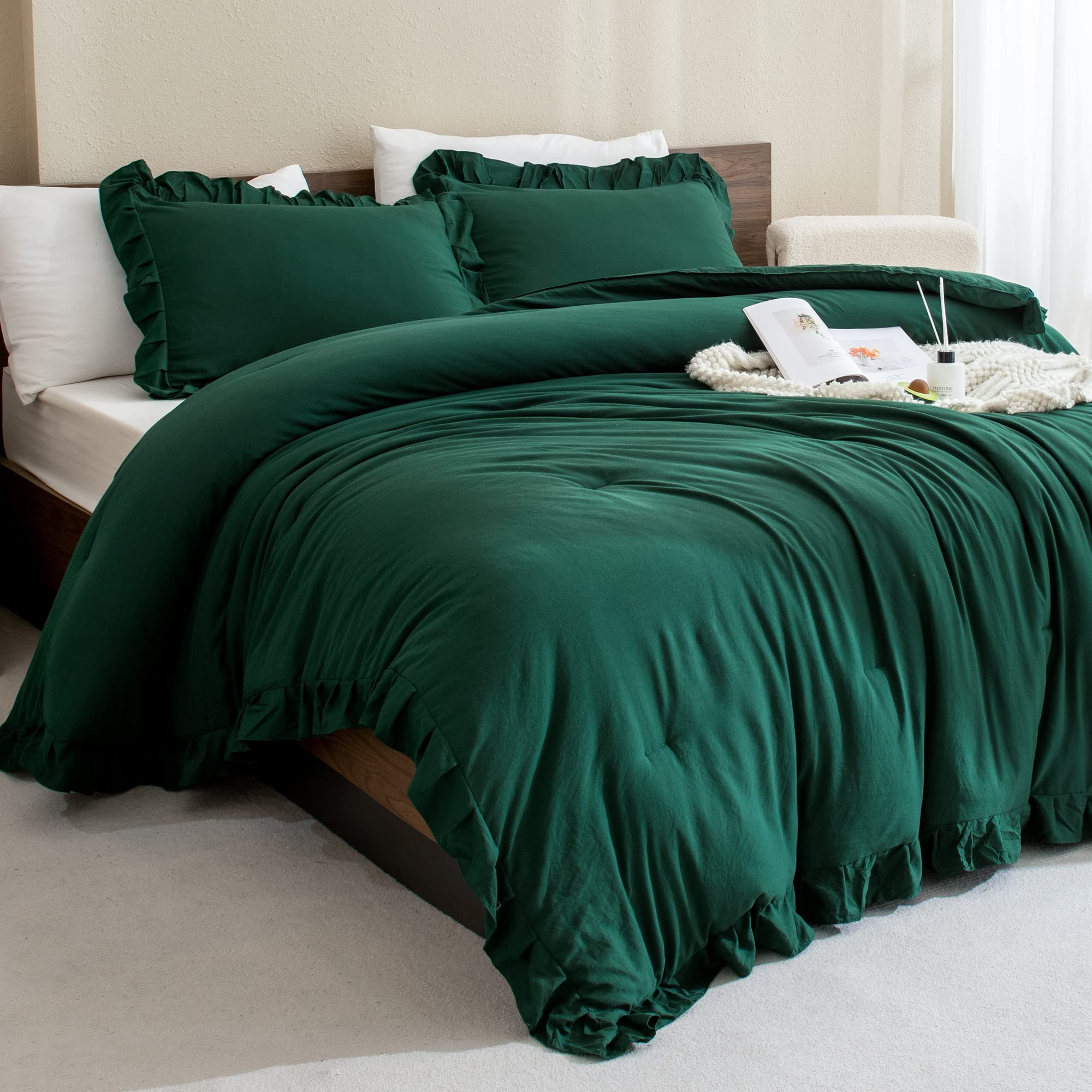 Andency California King Comforter Set Dark Green (104X96Inch), 3 Pieces Cal King Ruffle Comforter, Oversized Farmhouse Shabby Ch