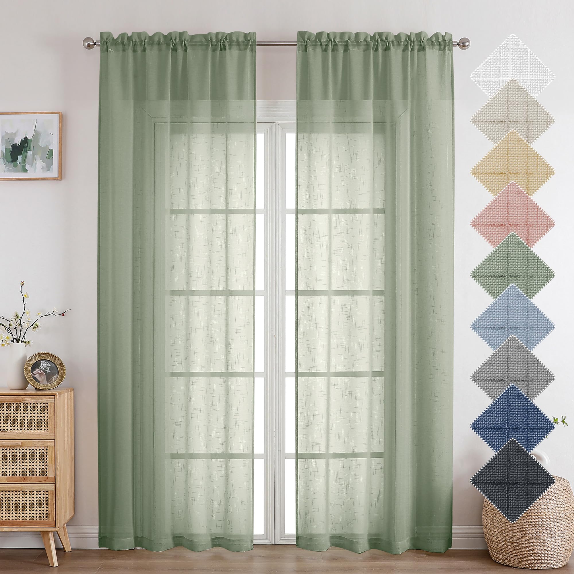 Aiyufeng Kirei Sage Green Linen Sheer Curtains 84 Inch Length 2Panels Set, Flax Textured Semi Sheer Vertical Drapes Privacy With