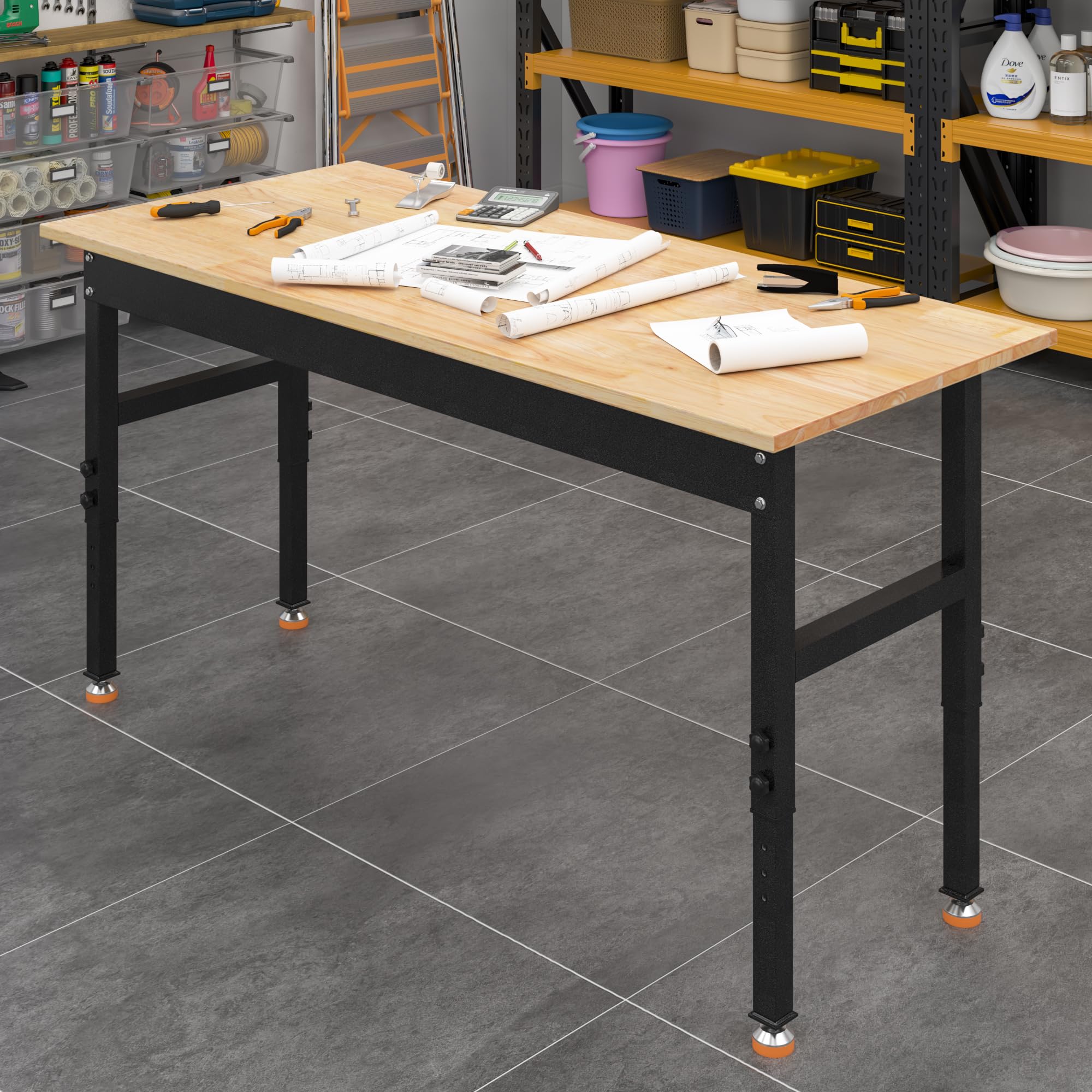 48'/60'' Adjustable Workbench, Rubber Wood Top Work Bench Heavy-Duty Work Table W/Power Outlet, Partition,2000 Lbs Load Capacity Work Benches For Garage, Workshop, Home, Office, Easy Assembly