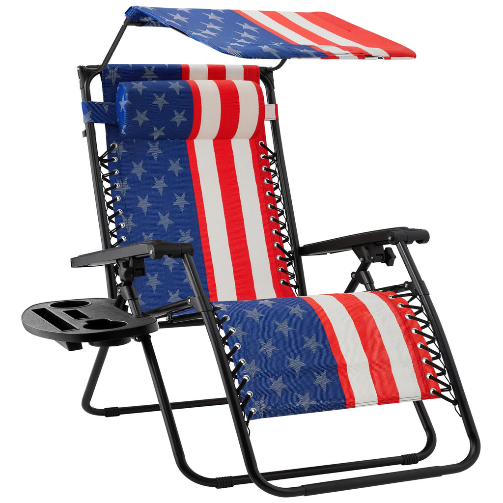 Best Choice Products Folding Zero Gravity Outdoor Recliner Patio Lounge Chair W/Adjustable Canopy Shade, Headrest, Side Accessory Tray, Textilene Mesh - American Flag