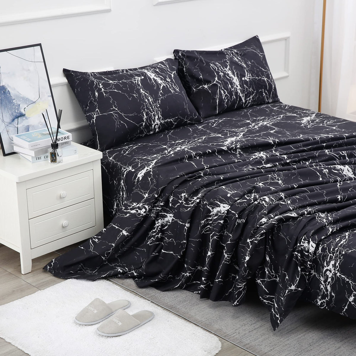 Bed Sheet Set 4 Pieces -Full Size-Soft Durable Microfiber Bedding Sheet Set,Deep Pocket,Stain,Fade & Wrinkle Resistant(Black Mar