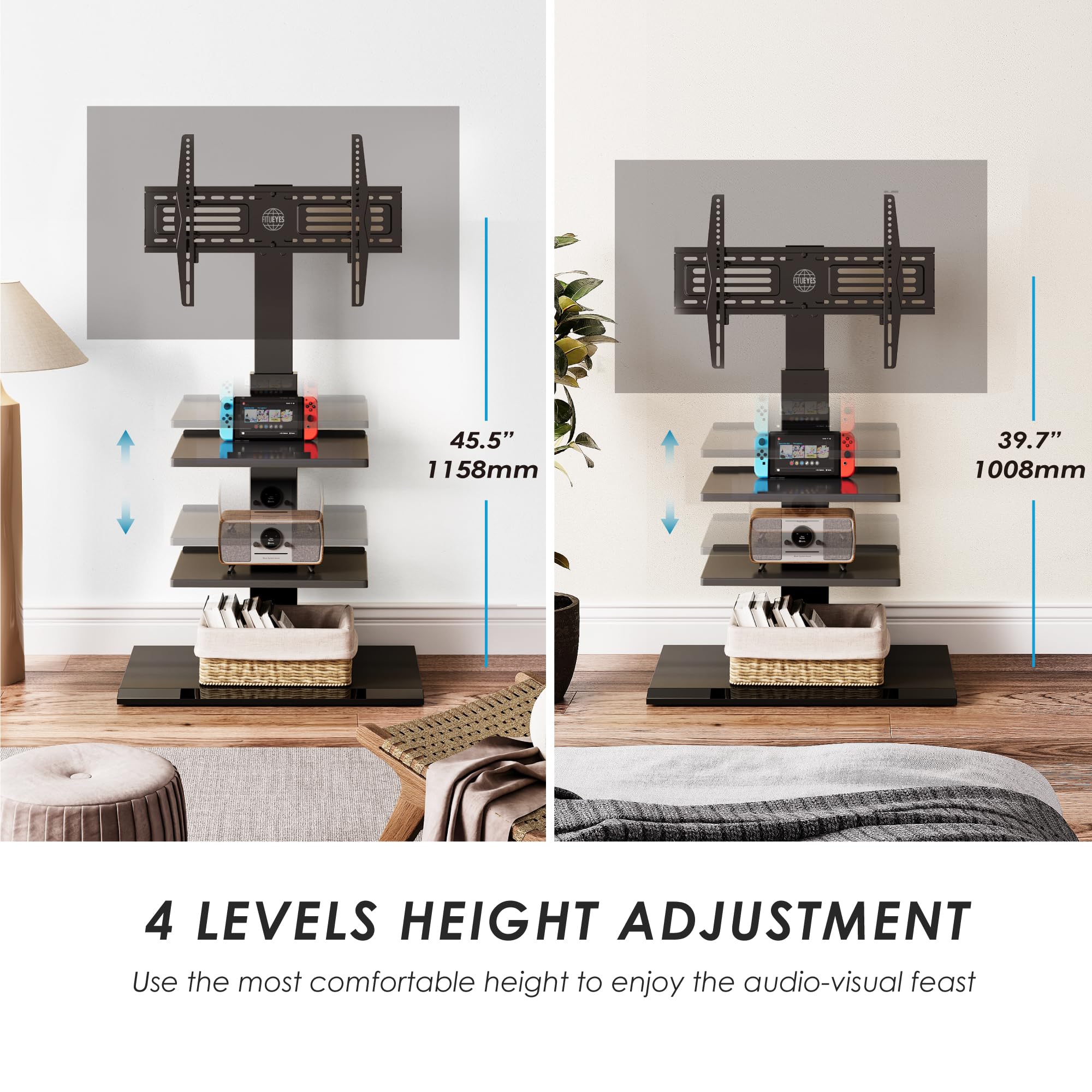 Fitueyes Iron Base Universal Floor Tv Stand Swivel Tilt Mount Tv Stand Base For 32-75 Inch Tvs Corner Tv Stand With Height Adjustable Entertainment Shelves Wire Management (Black)