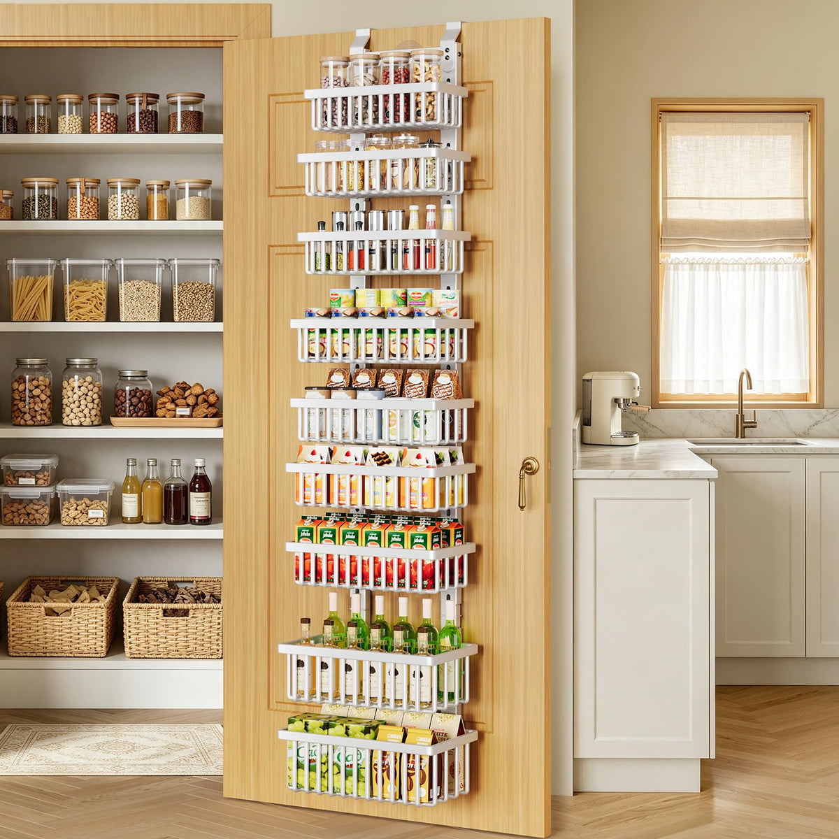 POKIPO 9 Tier Narrow Over The Door Pantry Organizer, 2 in 1 Wall Mount or Hanging Spice Rack with Adjustable Deep Basket, Heavy