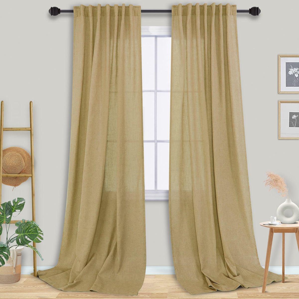 Mrs.Naturall Tan Back Tab Linen Blend Sheer Curtains For Bedroom 52X108 Inches Long