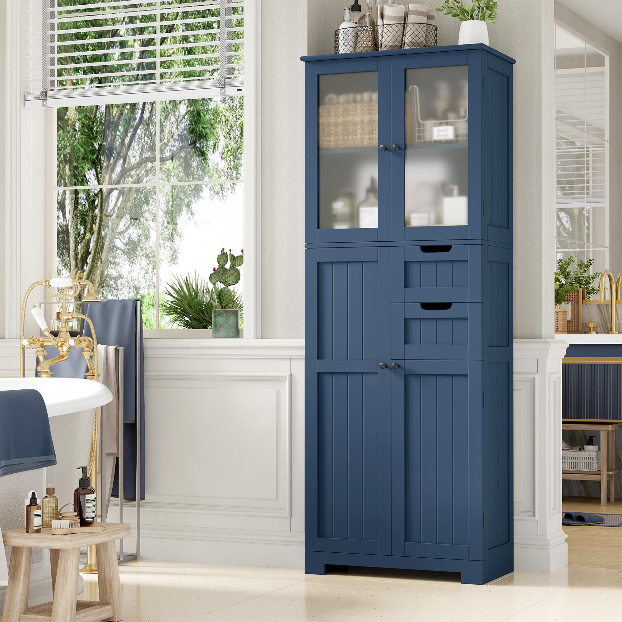 BOTLOG 67   Tall Storage Cabinet, Bathroom Storage Cabinet with Frosted Glass Doors and Wood Drawers, Kitchen Pantry with Adju