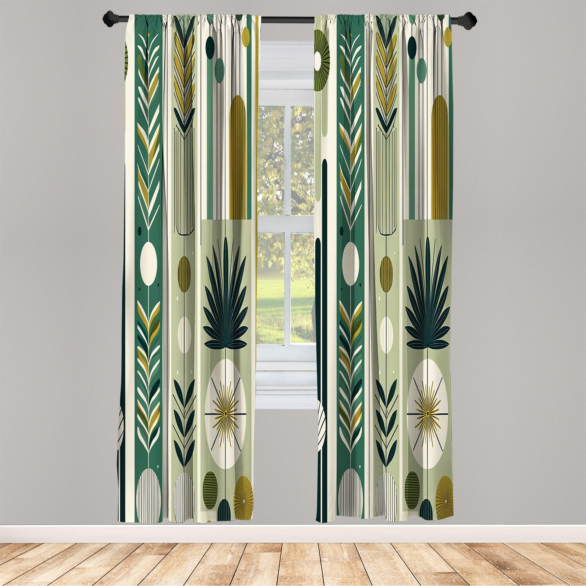 Ambesonne Mid Century Modern Curtains, Abstract Circles Leaves And Stripes In Nature Color Palette, Window Treatments 2 Panel Se