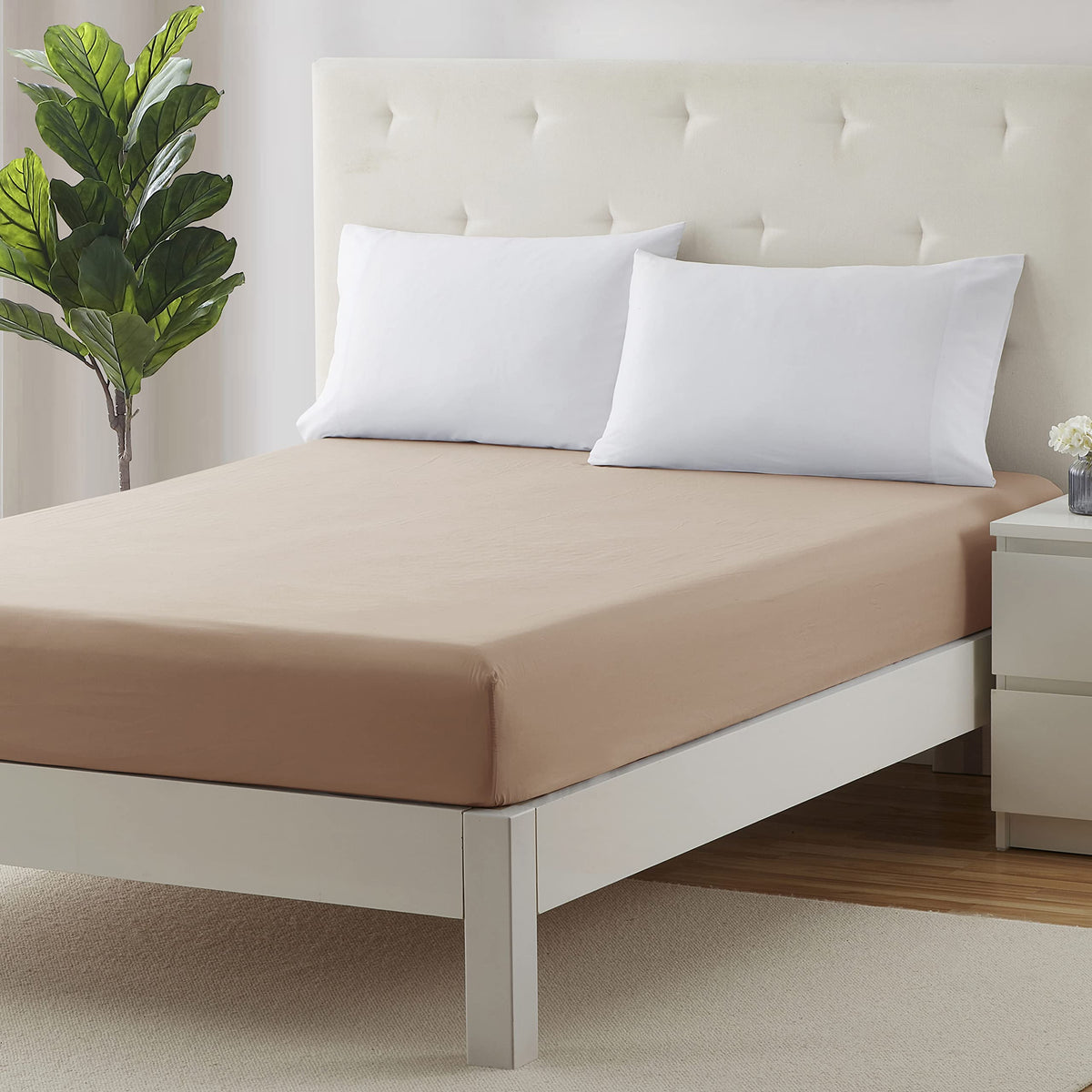 Clara Clark Fitted Sheet, Extra Deep Pocket Fits Deep Mattress, Luxury Soft Fitted Sheet Only, Queen Taupe Sand