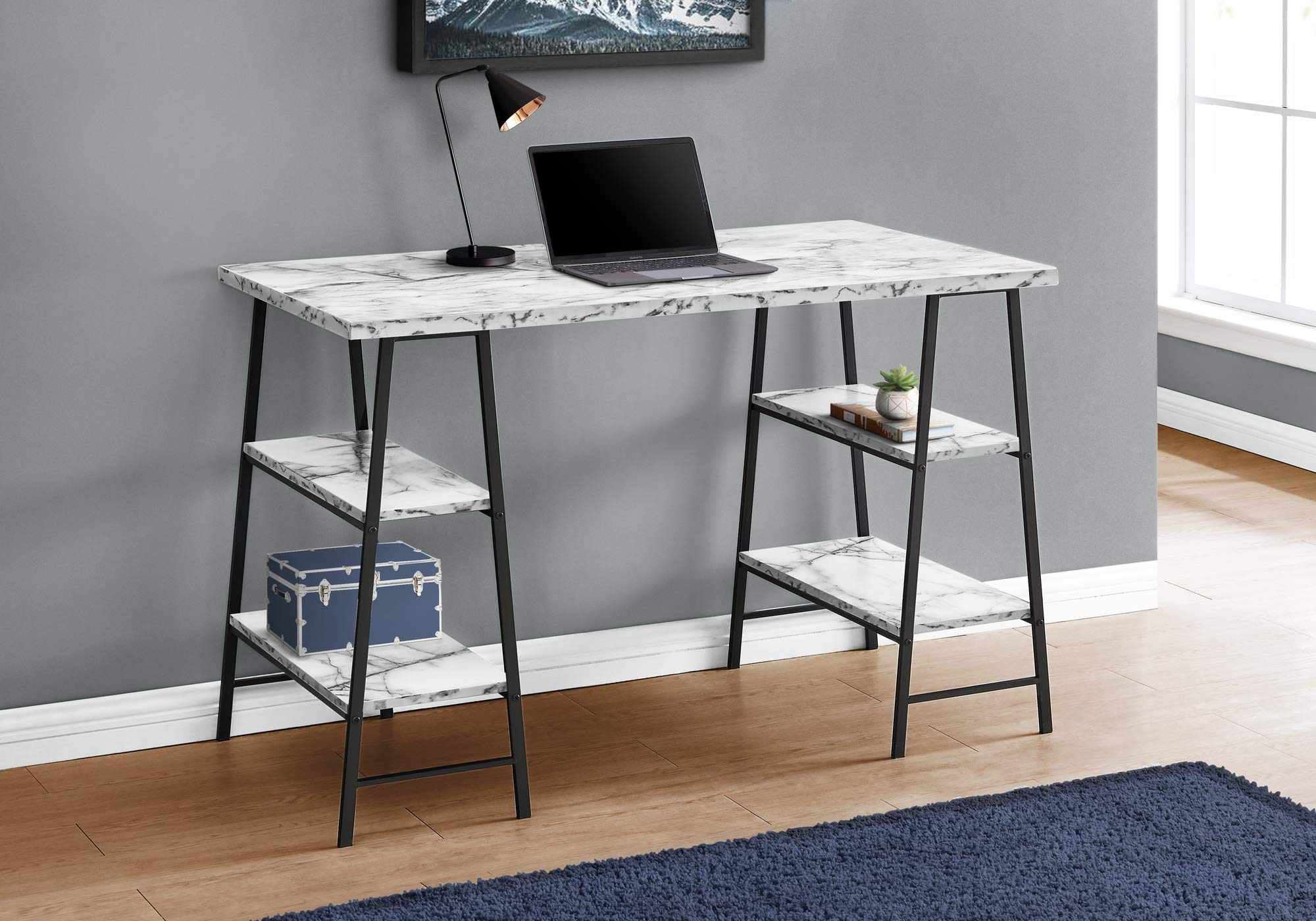 Monarch Specialties I 7527 Computer Desk, Home Office, Laptop, Storage Shelves, 48&quot; L, Work, Metal, Laminate, White Marble Look, Black, Contemporary, Modern