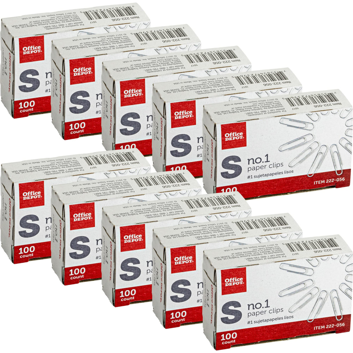 Office Depot Brand Paper Clips, No. 1 Regular, Silver, 100 Clips Per Box, Pack Of 10 Boxes