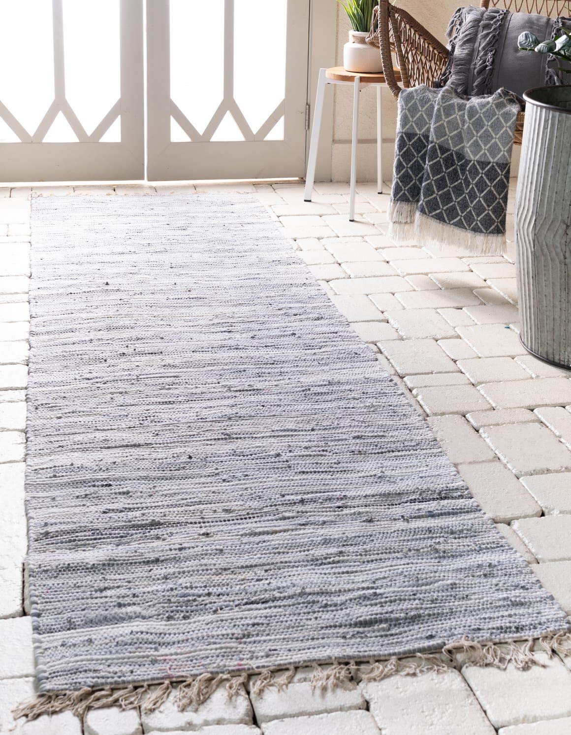 Unique Loom Chindi Cotton Collection Soft Hand Woven Natural Fiber Striped Area Rug, 2 ft 7 in x 9 ft 10 in, Gray/Ivory