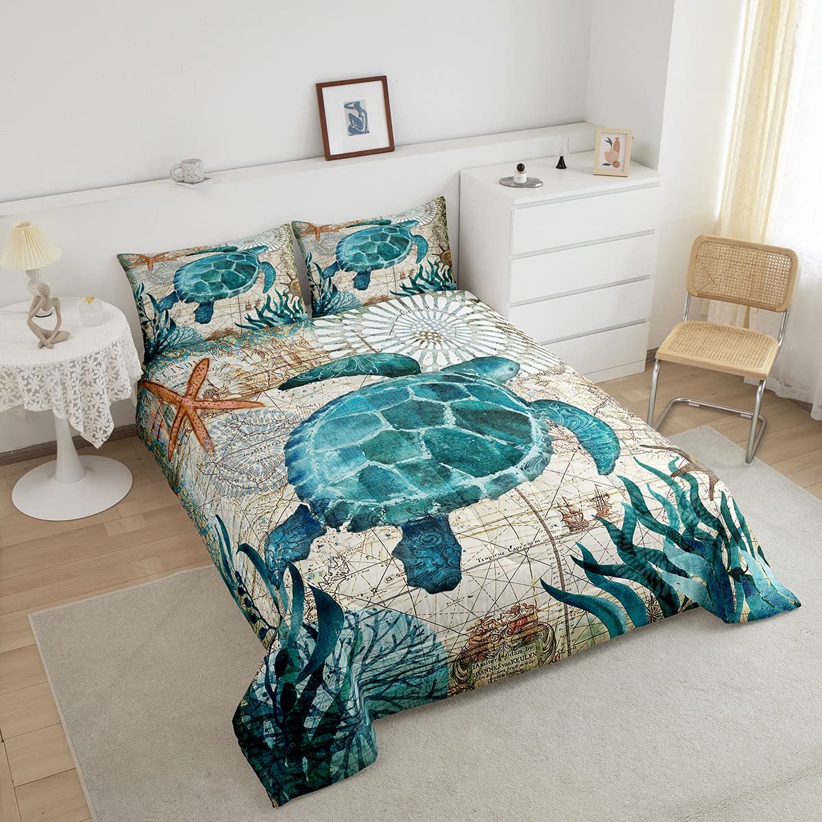 Erosebridal Turtle Bedding Teal Turtle Comforter Set Turquoise Ocean Themed Mediterranean Style Printed Design Ocean Turtle Down