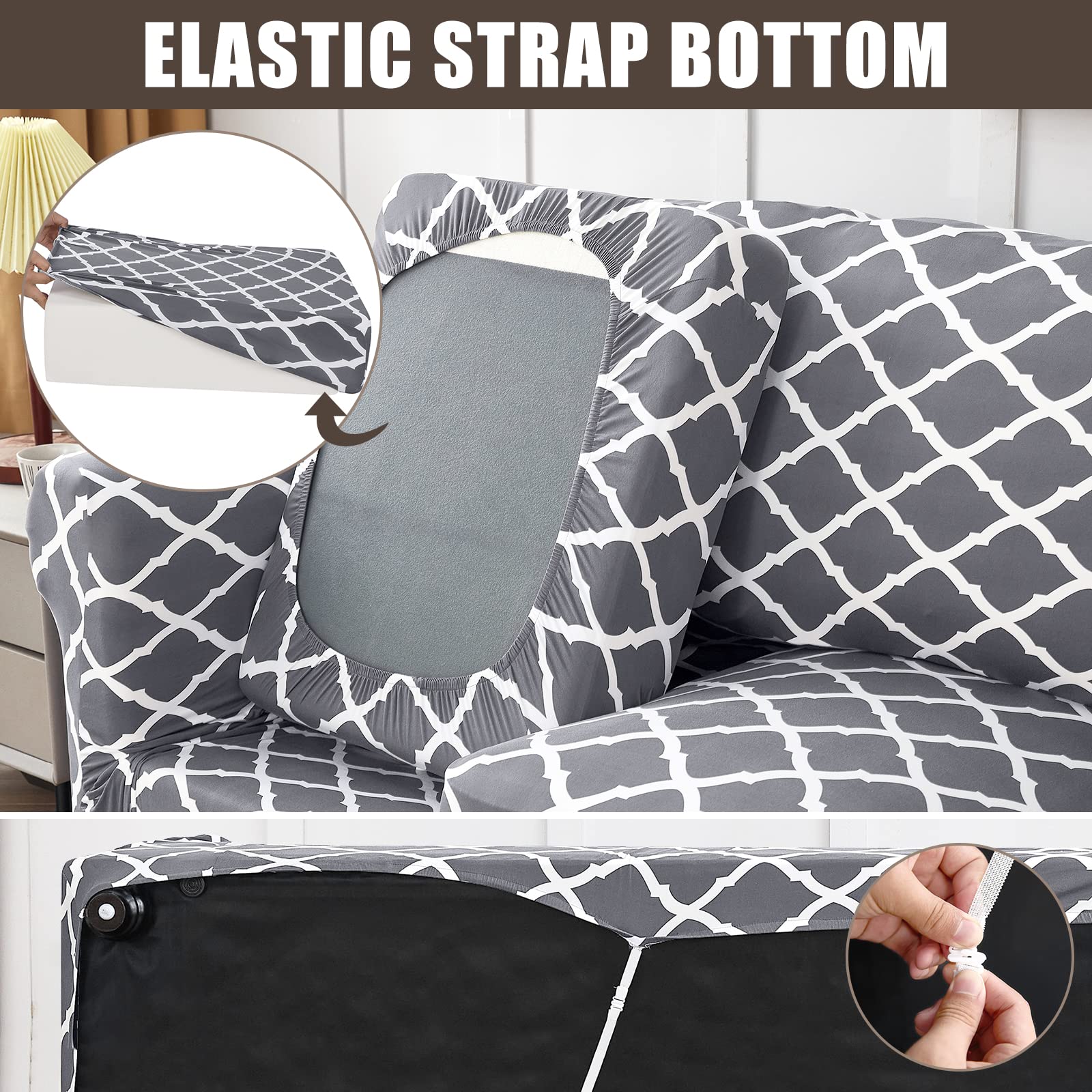 Searchi Stretch Sofa Cover Printed Couch Cover, Floral Pattern 4 Pieces Sofa Slipcover With 3 Separate Cushion Cover, Washable Furniture Protector For Living Room(Sofa, Gray+White)