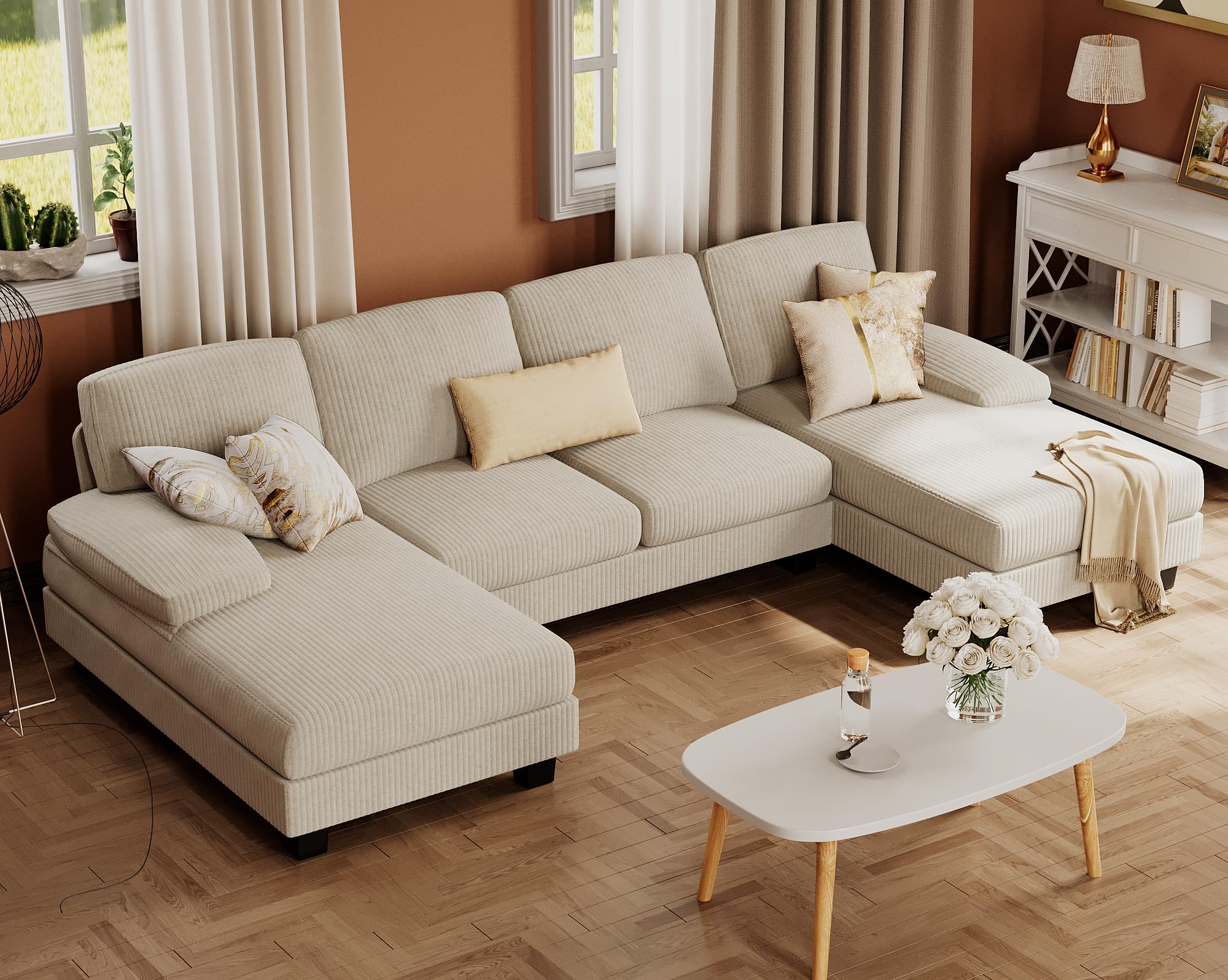 Furmax Sectional Couches for Living Room, U-Shaped Sofa Couch with Soft Corduroy, 4 Seat Sofa Set with Double Chaise for Apartme