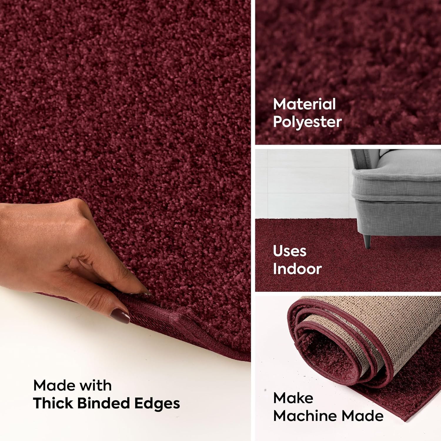 Pet Friendly Solid Color Area Rugs Burgundy - 8' X 10' Rectangle, Indoor, Stain Resistant, Perfect For Living Room, Bedroom, Din